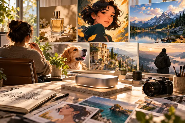Heller Arbeitsbereich zur Bildgenerierung mit Produktfotografie, illustrierten Figuren, Landschaften und Steuerelementen für Referenzen.