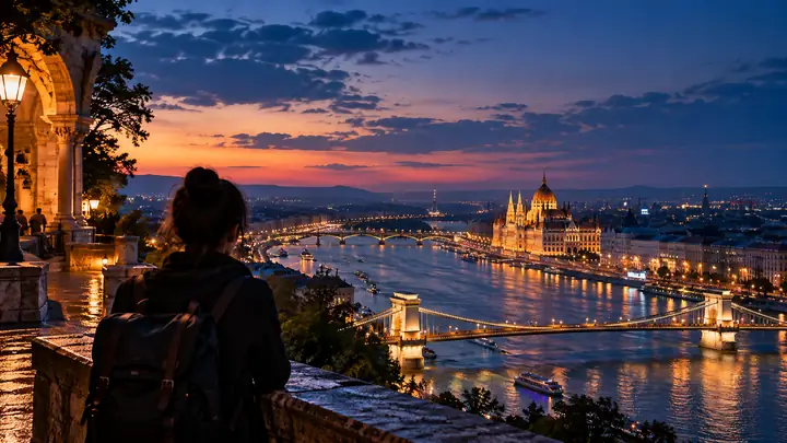 Ausgereifte Oberfläche zur Videogenerierung mit einer filmischen Stadtansicht zur blauen Stunde, Steuerelementen für Routen und einer großen Vorschau.