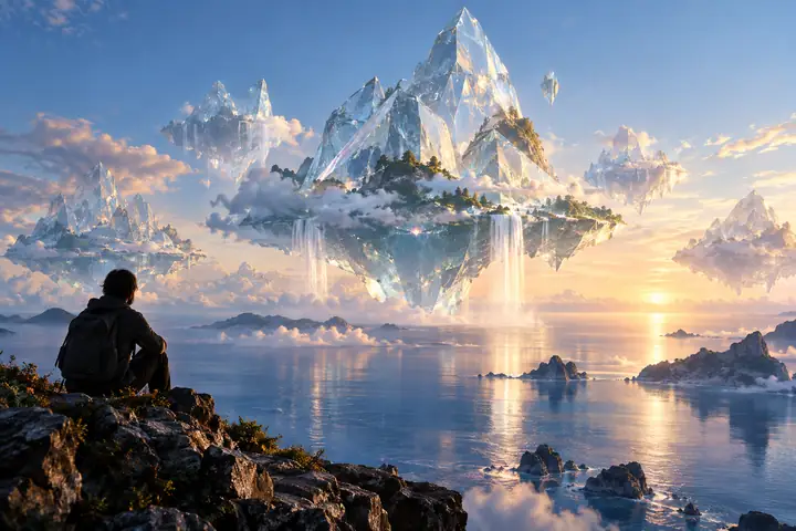 Durchscheinende Glasberge schweben über einem ruhigen blauen Ozean in einer verträumten, eleganten Landschaft.