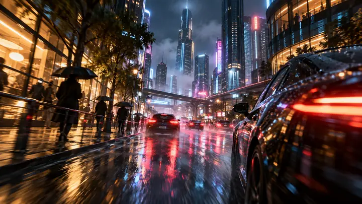 Regennasse, neonbeleuchtete Straßen einer Stadt bei Nacht, aus der Perspektive einer bewegten Kamera, filmisch und stimmungsvoll.